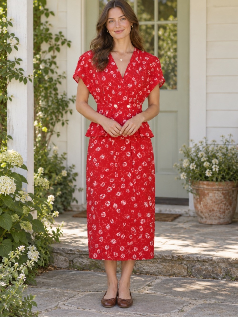 Vintage 90s Warren Z Red Floral Faux Wrap Dress Cottagecore Business Casual